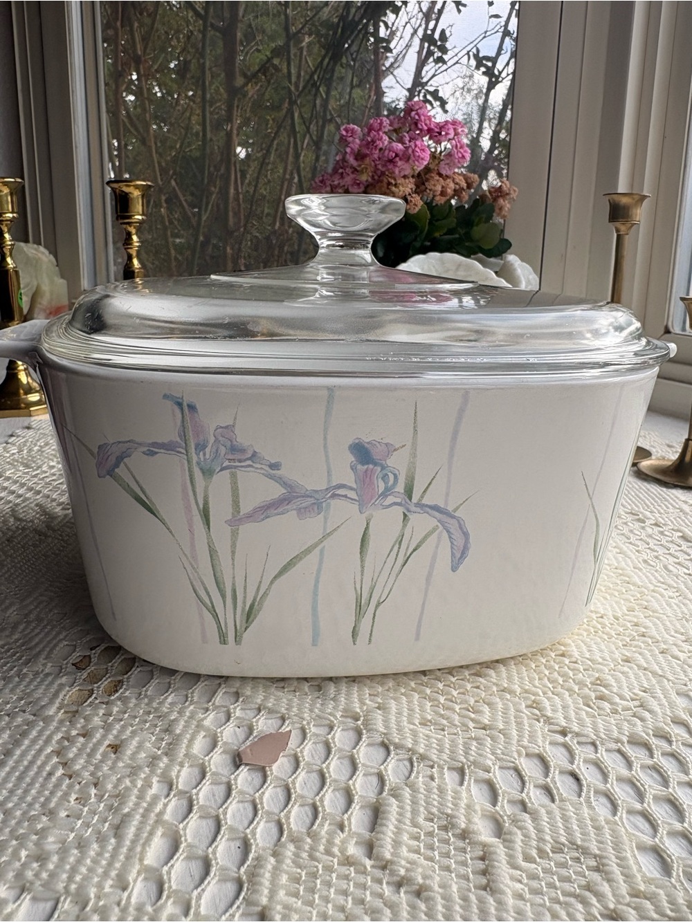 Corningware White Ceramic Covered Casserole with Pink and Green Iris Motif